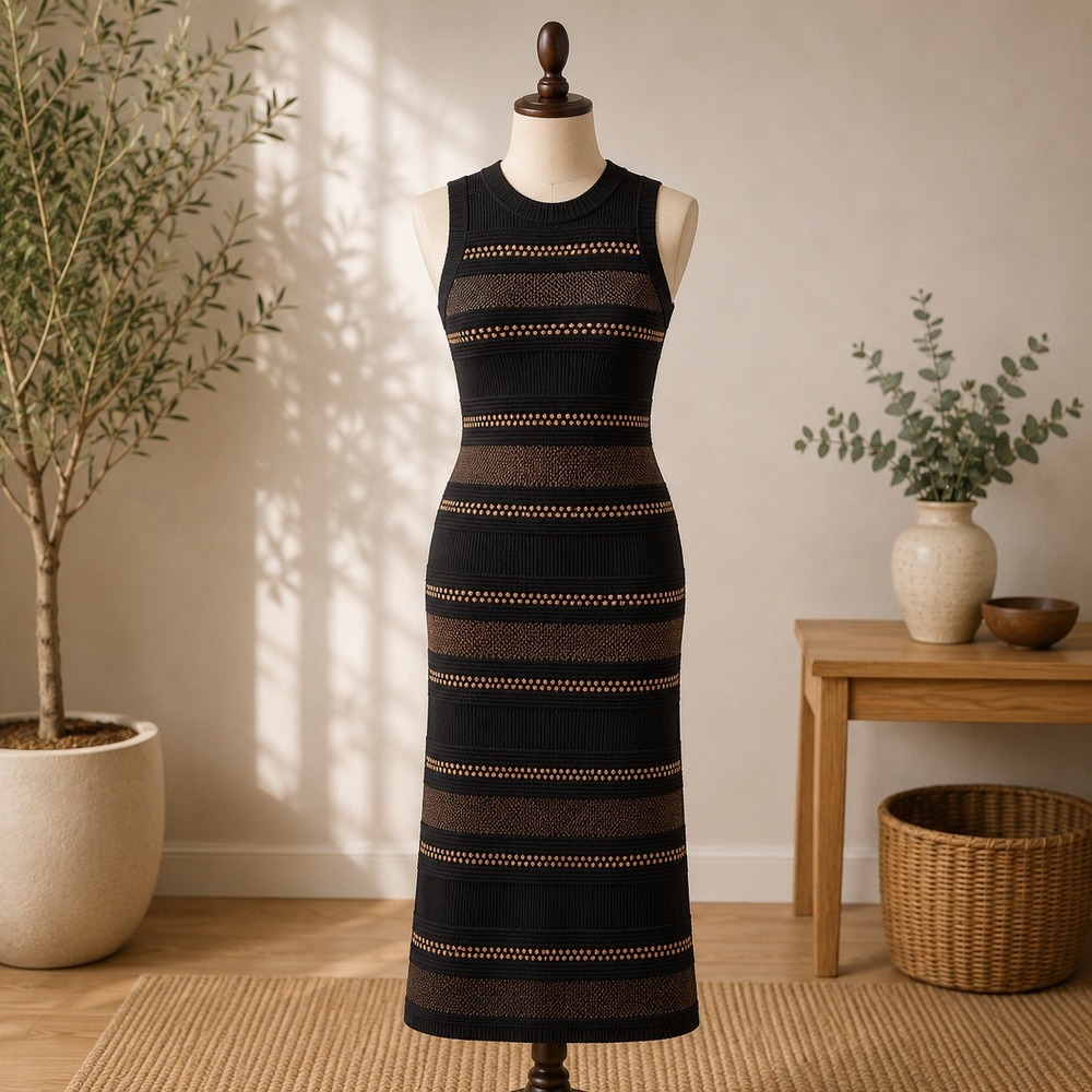 Ali & Jay Knit Midi Dress Womens Size M Black Tan Striped Sleeveless Bodycon